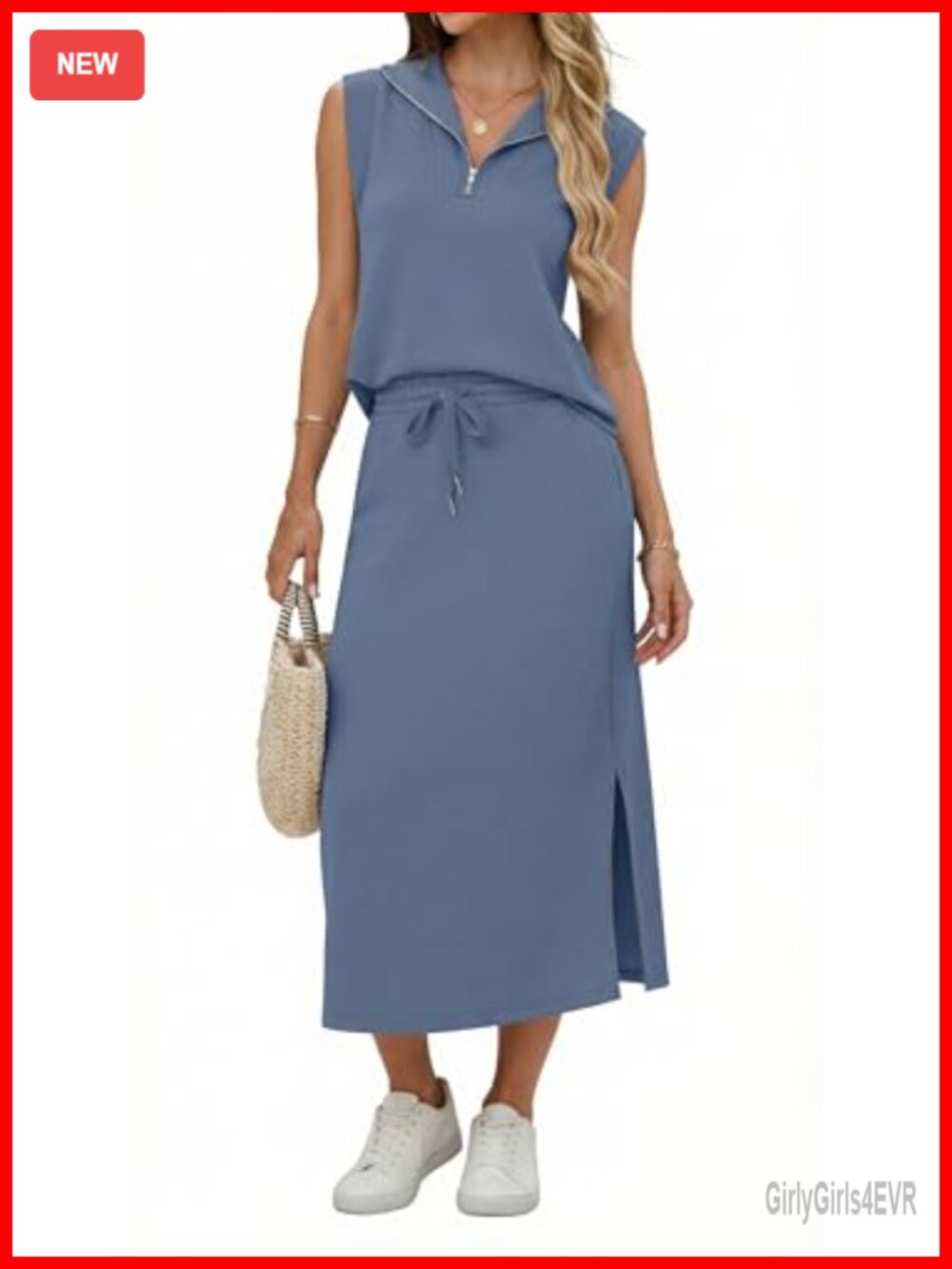 Two Piece Skirt Set Half Zip Lapel Top Midi Skirt Casual Outfit